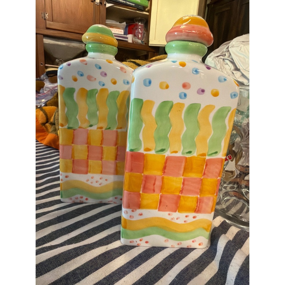 Bella Casa by Ganz Ceramic Decanter Bottles Set of 2 Hand Painted BC 3580 10in